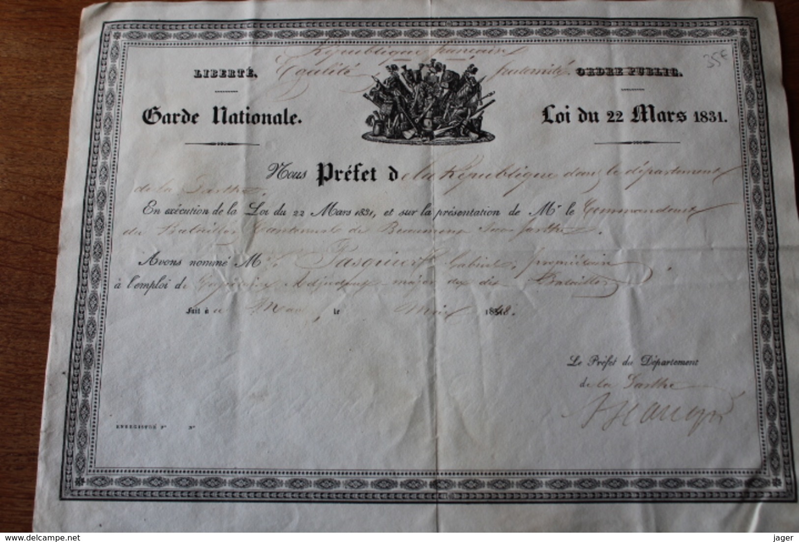 Diplome  Garde Nationale   1831   Beaumont Sur Sarthe - Historische Dokumente