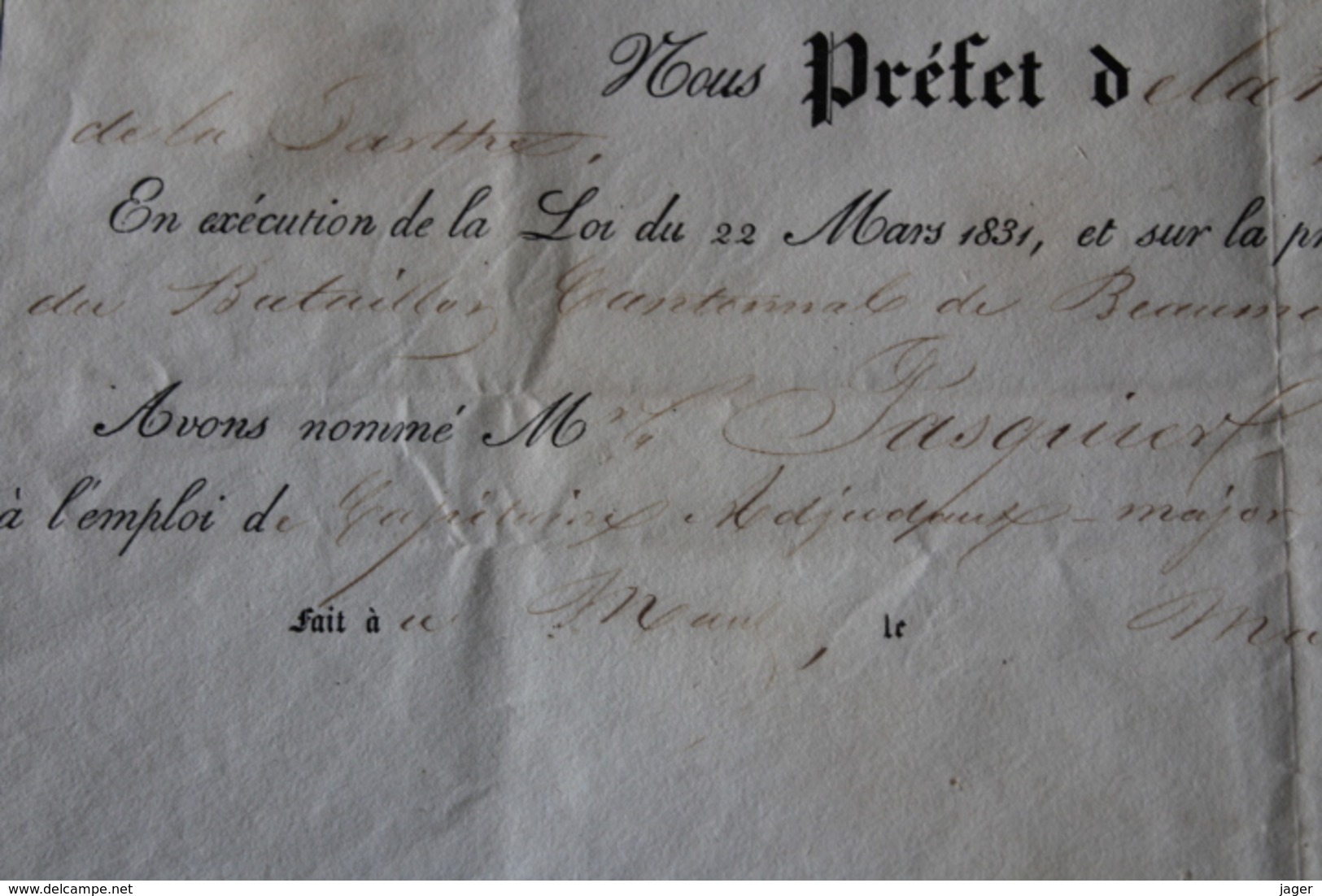 Diplome  Garde Nationale   1831   Beaumont Sur Sarthe - Historische Dokumente