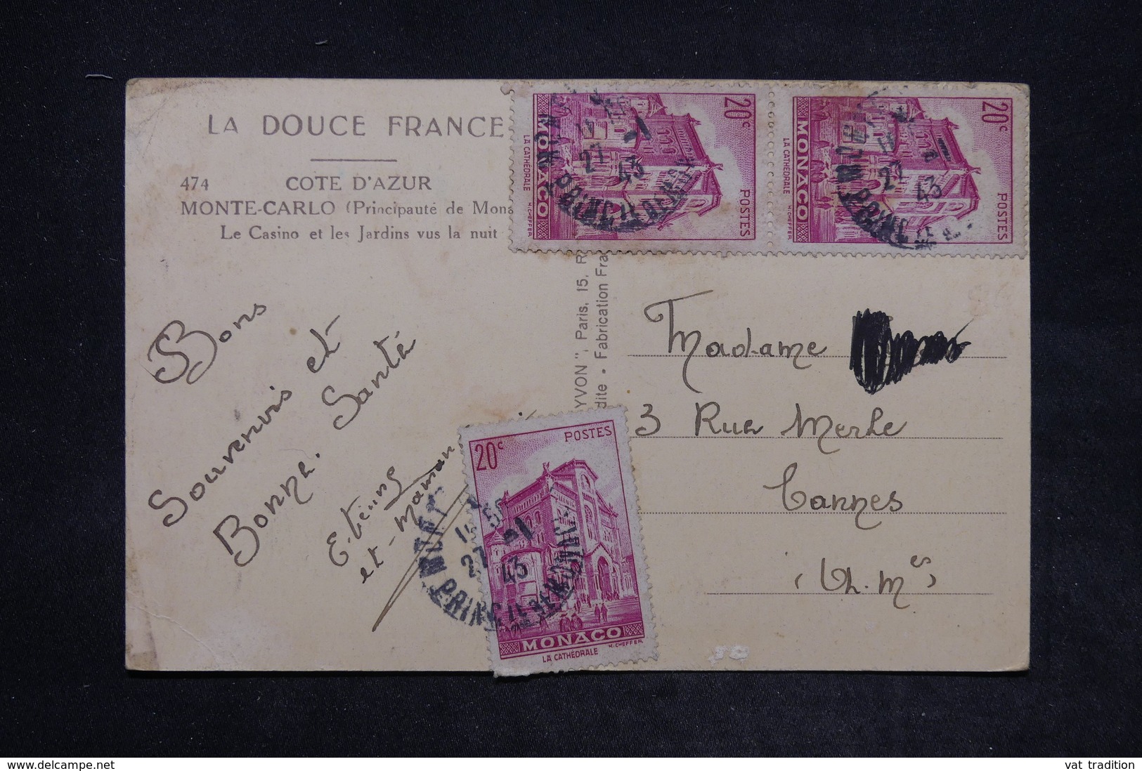 MONACO - Affranchissement De Monté Carlo Sur Carte Postale En 1943 Pour Cannes - L 26016 - Lettres & Documents