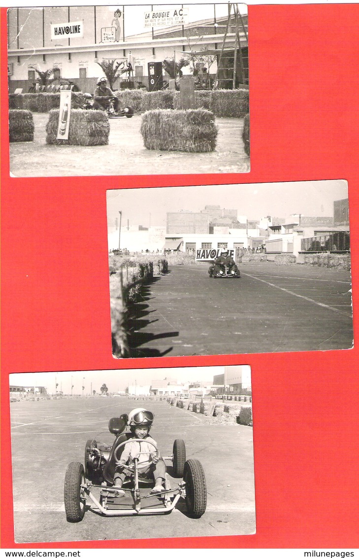 Lot De 3 Photos Piste Et Course De Karting En AFN Algérie Ou Tunisie Années 50 Publicité Havoline Bougie AC - Sport