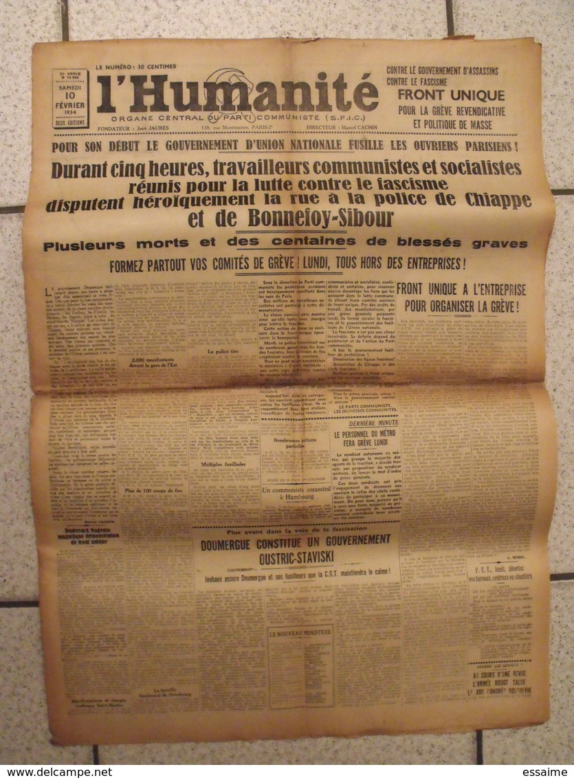 Journal L'Humanité. N° 12842 Du 10 Février 1934. Grève,  émeute à Paris. Stavisky - Autres & Non Classés