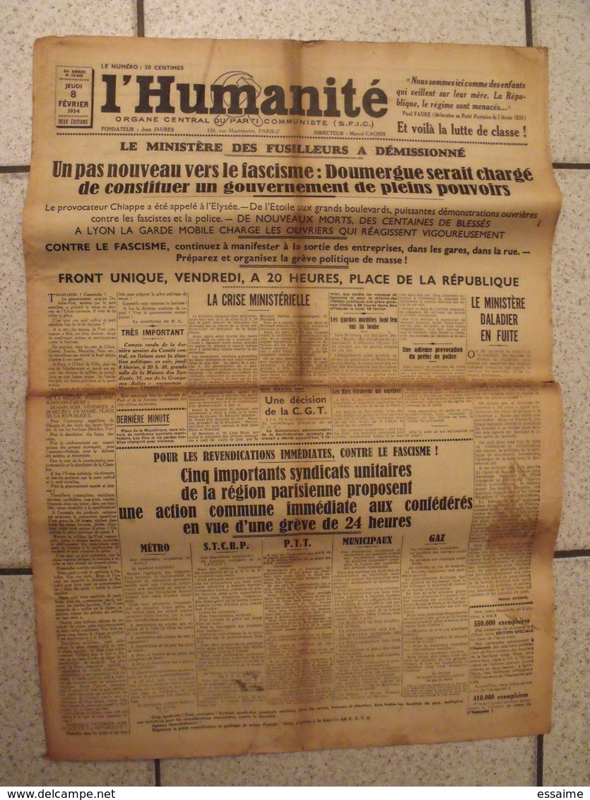 Journal L'Humanité. N° 12840 Du 8 Février 1934. émeute à Paris. Croix De Feu. Facisme - Autres & Non Classés