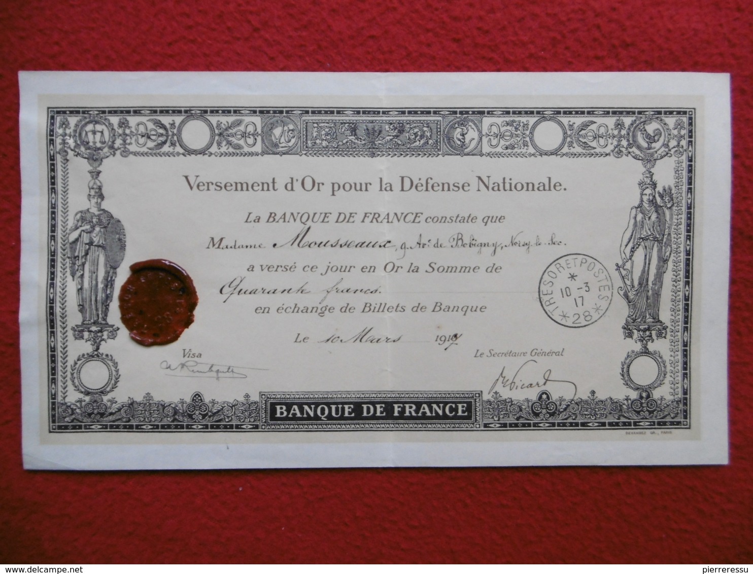 VERSEMENT D OR POUR LA DEFENSE NATIONALE 40 FRANCS OR 1917 CACHET CIRE TRESOR ET POSTES 28 - Other & Unclassified