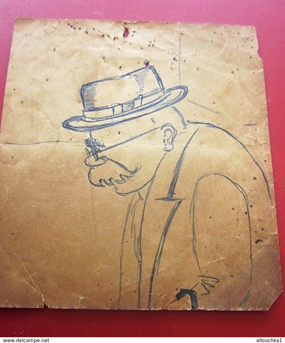 Silhouette CARICATURE Dessin Au FUSAIN-VIEIL HOMME-CHAPEAU LUNETTES-Binocles-MOUSTACHES-SUR VIEUX PAPIER - Dessins