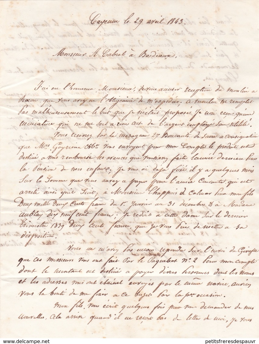 GUYANE Lettre Avec Texte Cayenne Pour Bordeaux Griffre "GUYANE FRANCAISE", Dateur D'entrée Rouge Pauillac 3 Juin 1843 - Marques D'entrées