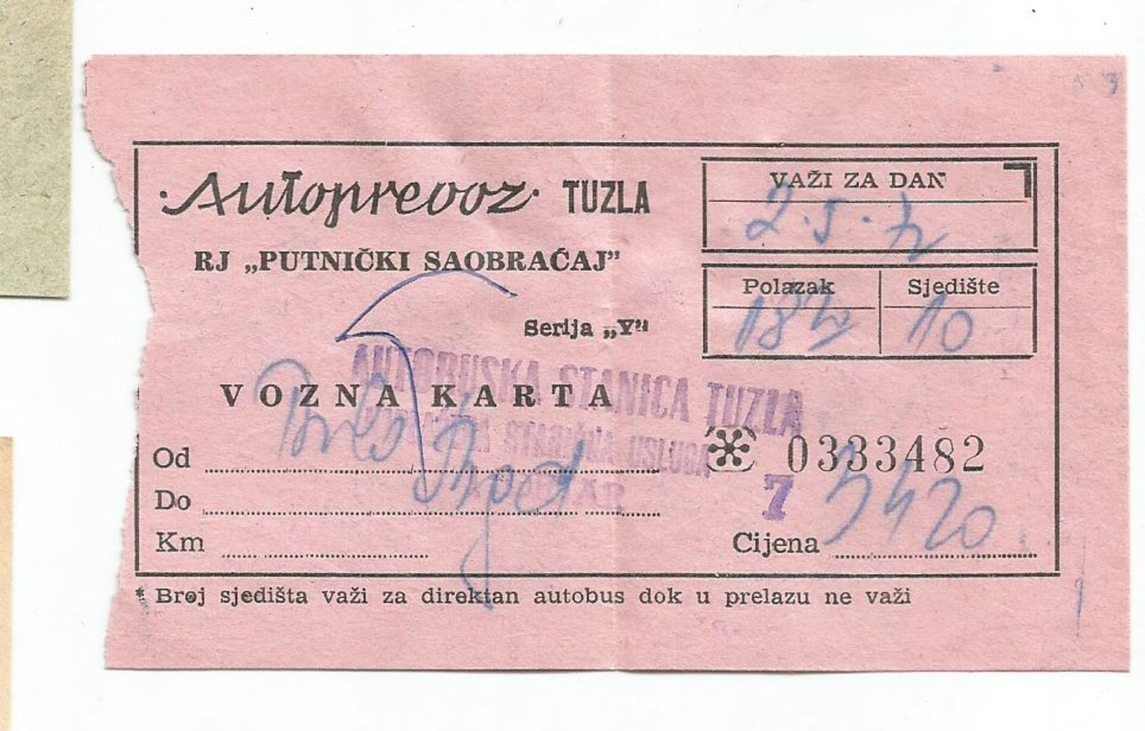 Bus Ticket Yugoslavia AUTOPREVOZ TUZLA TUZLA - BEOGRAD 1972 - Europa