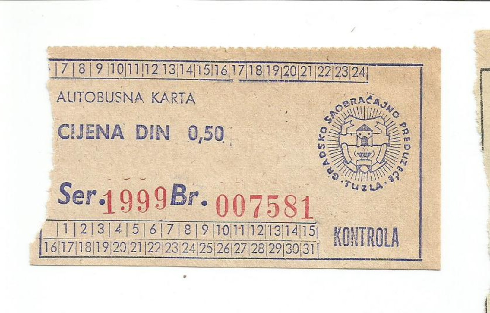 Bus Ticket Yugoslavia ATOPREVOZ TUZLA - City Bus TUZLA - Bosnia And Herzegovina 1970s - Europe