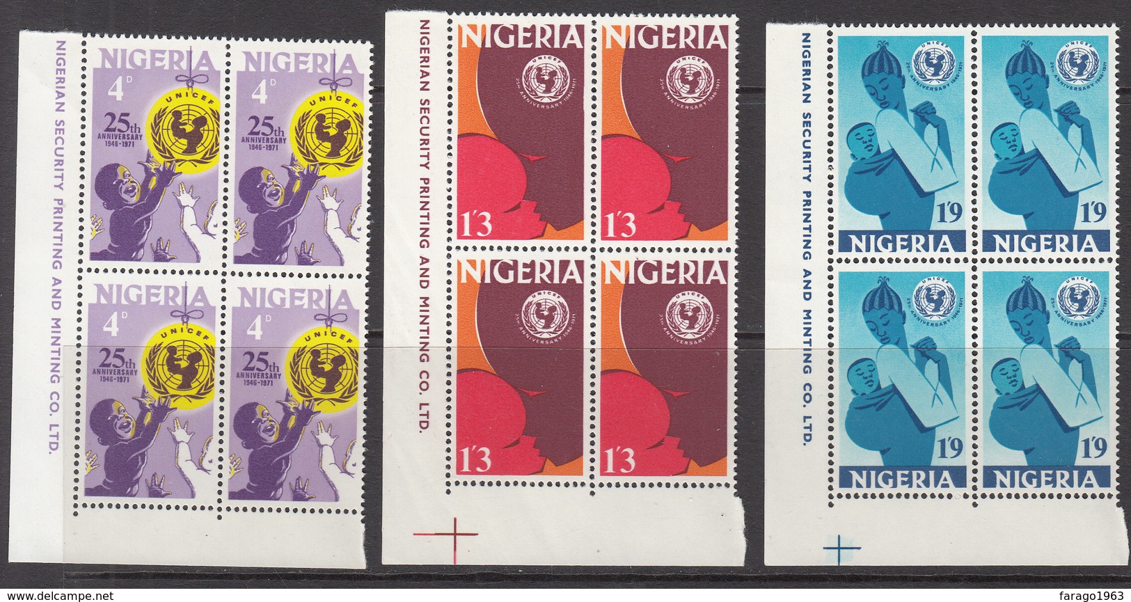 1971 Nigeria UNICEF Health Complete Set Of 3.in Corner Blocks Of 4  MNH - Nigeria (1961-...)