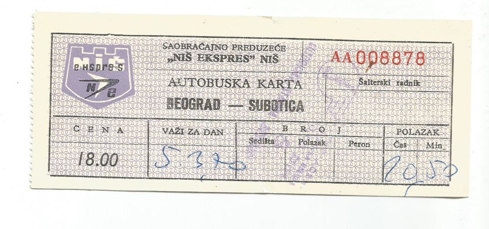 Bus Ticket Yugoslavia "NIS-EKSPRES" BEOGRAD - SUBOTICA 1970 - Europa