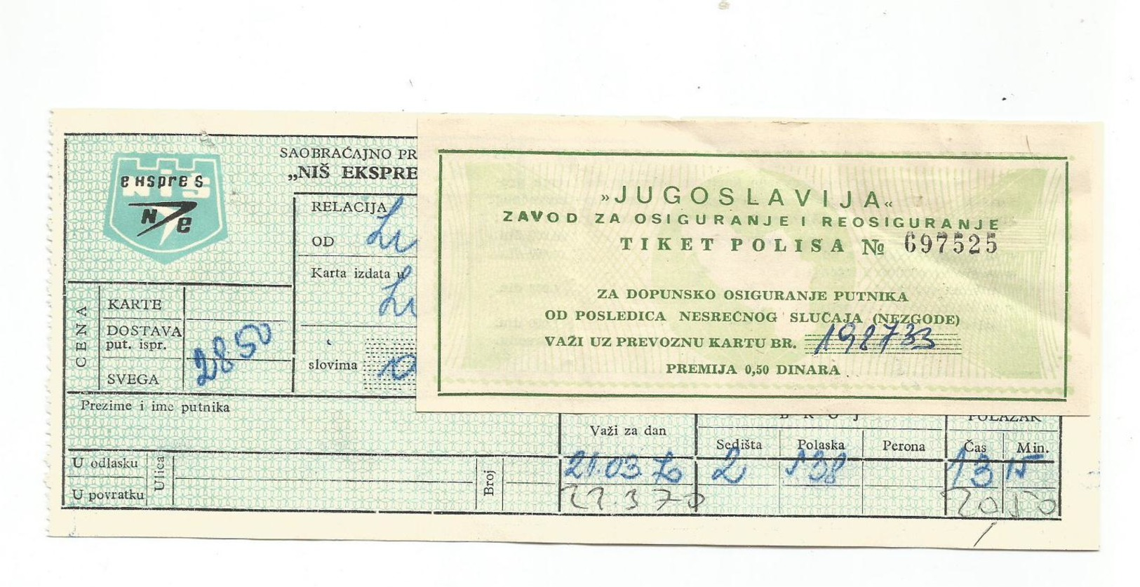 Bus Ticket WITH INSURANCE CARD Yugoslavia " NIS EKSPRES" SUBOTICA - BEOGRAD 1970. - Europe