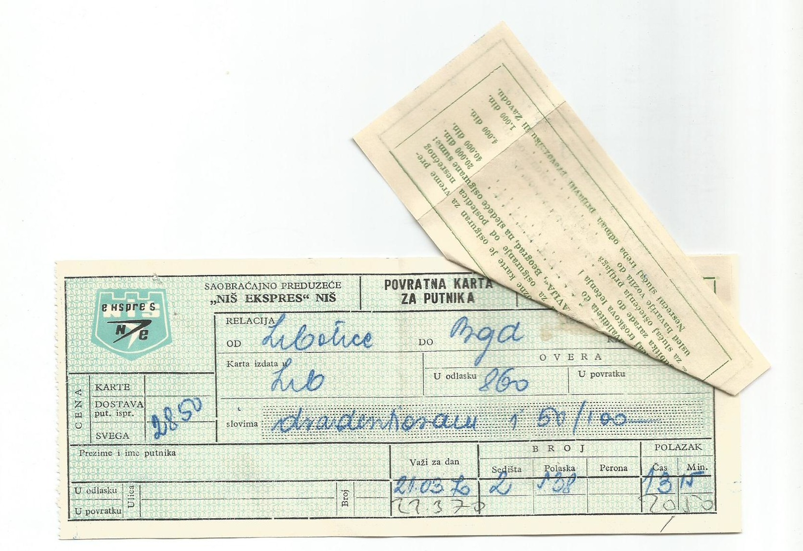 Bus Ticket WITH INSURANCE CARD Yugoslavia " NIS EKSPRES" SUBOTICA - BEOGRAD 1970. - Europe