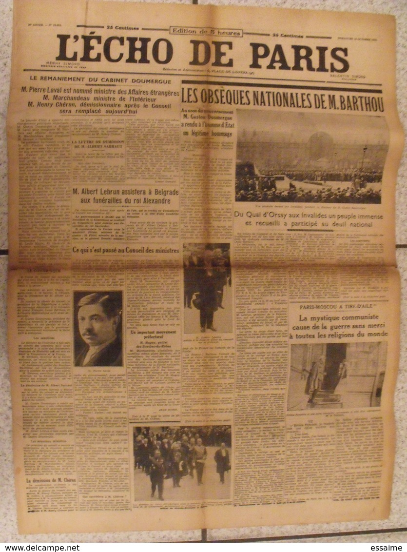 Journal L'Echo De Paris N° 20085 Du 14 Octobre 1934. Assassinat Du Roi Alexandre De Yougoslavie Et Barthou, Marseille - Autres & Non Classés