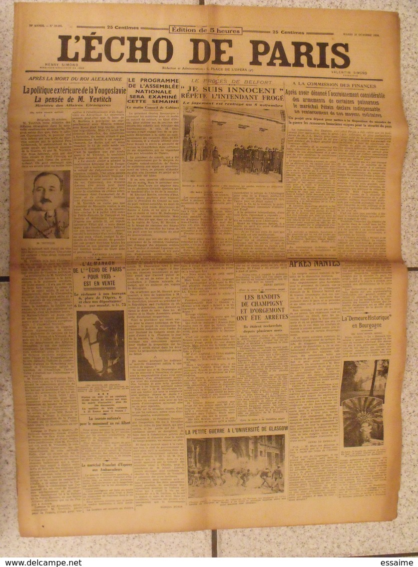 Journal L'Echo De Paris N° 20101 Du 30 Octobre 1934.  Yougoslavie Pétain - Autres & Non Classés