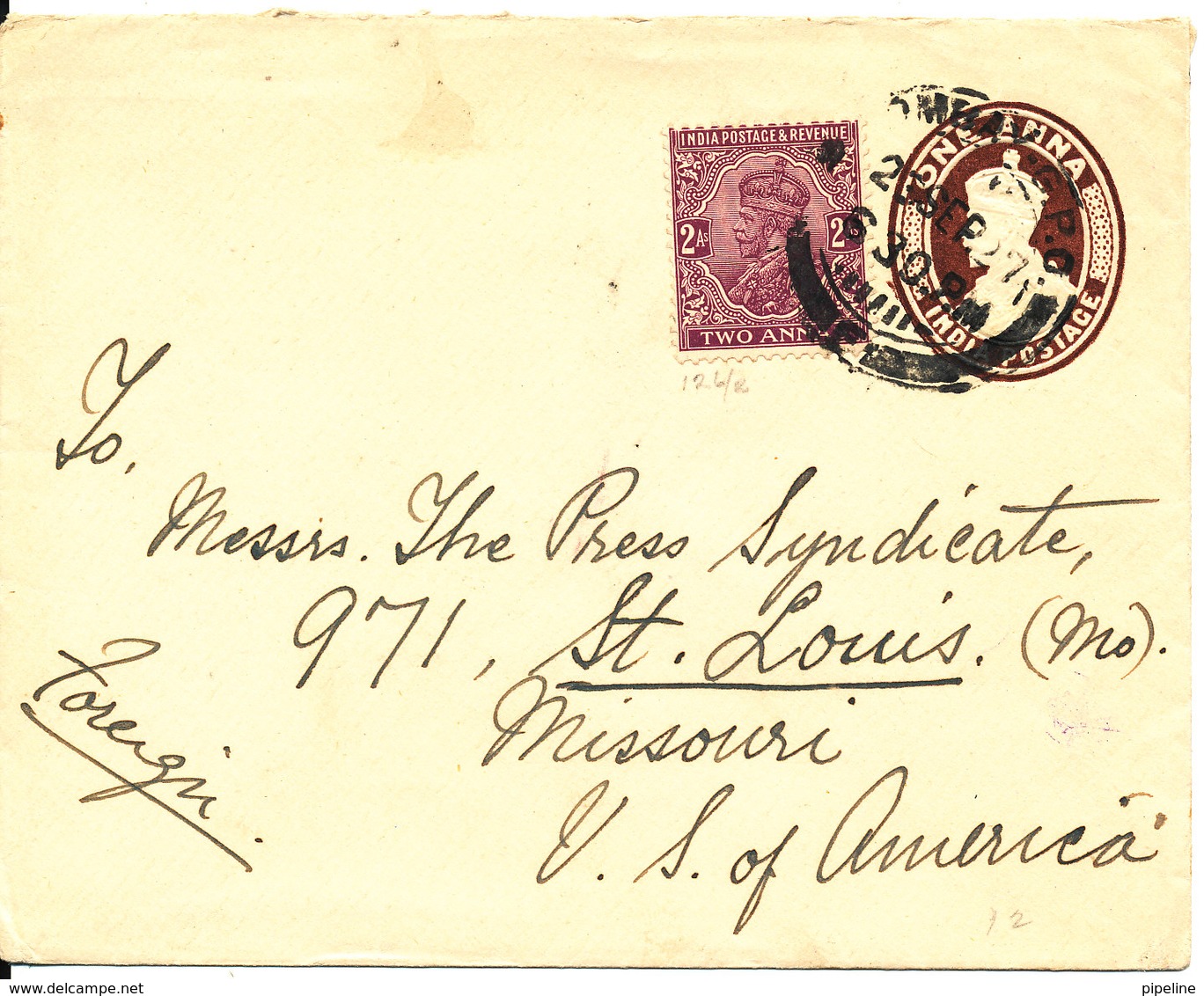 India Uprated Postal Stationery Cover Sent To USA Bombay 23-9-1927 - 1911-35 King George V