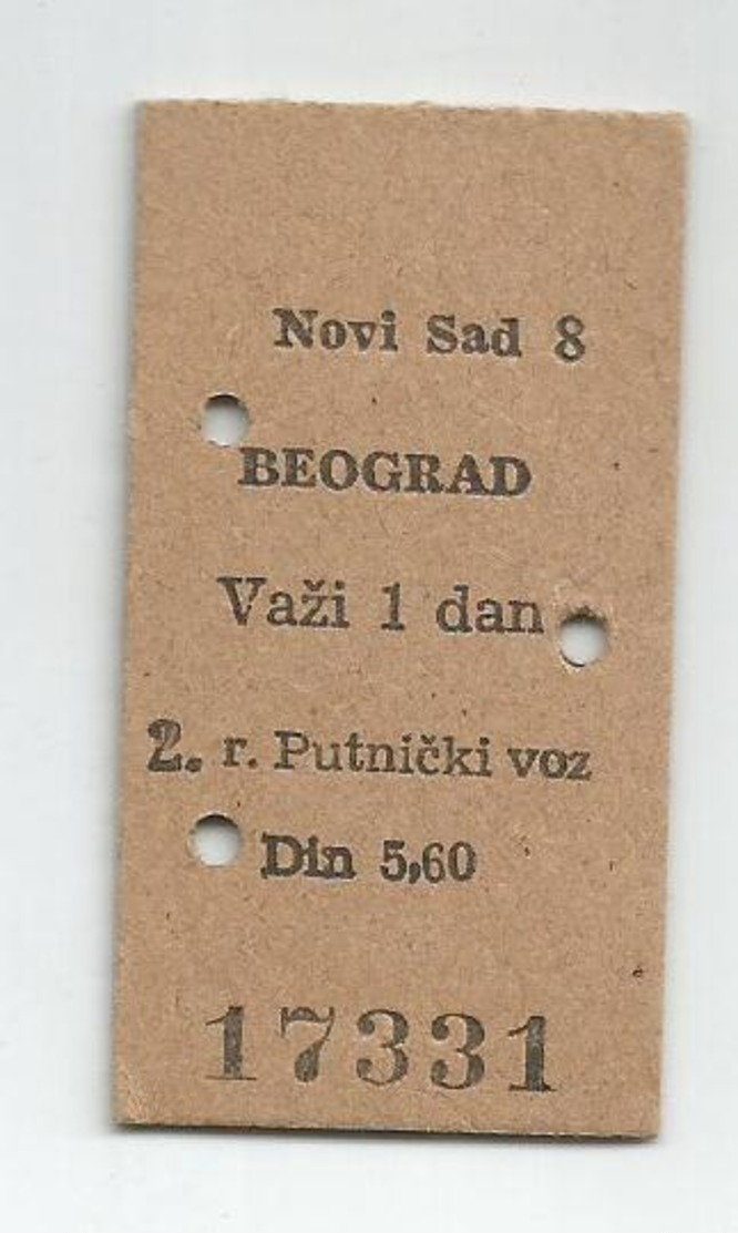 Railway Train Ticket ONE DAY Yugoslavia Novi Sad - Beograd 16.XII.1967. - Europa