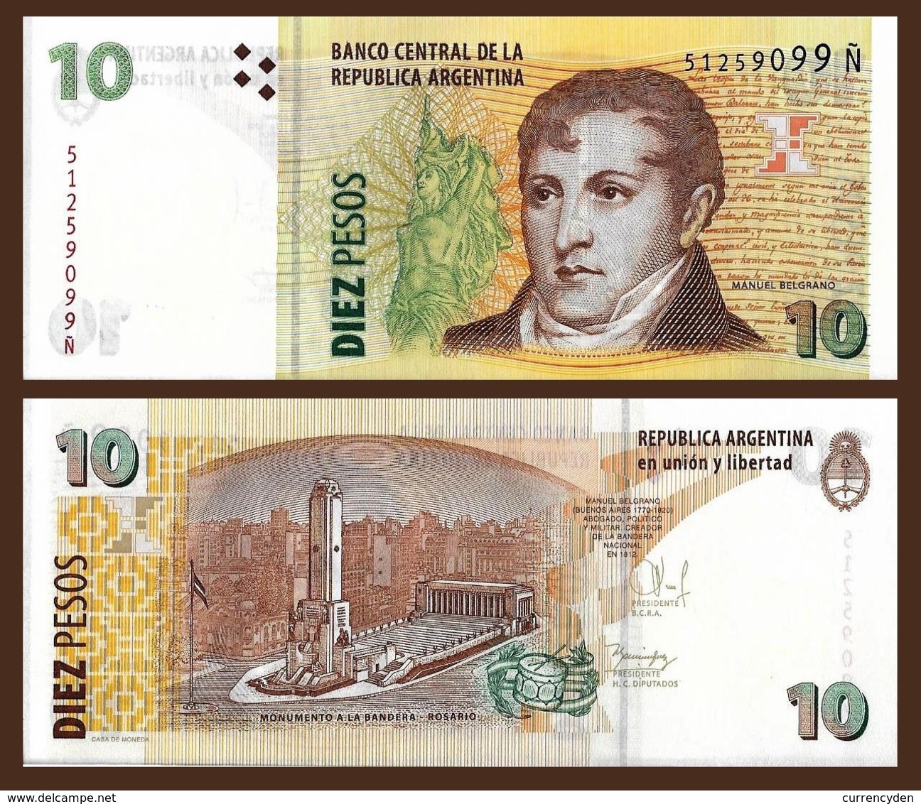 Argentina P354, 10 Pesos, Gen Manuel Belgrano / Monument Of The Flag UNC $7CV - Argentina