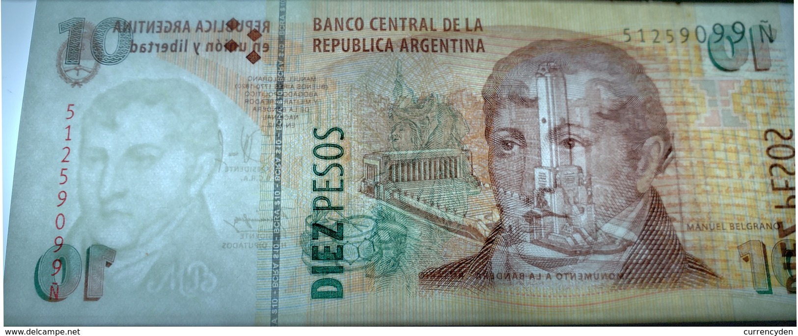 Argentina P354, 10 Pesos, Gen Manuel Belgrano / Monument Of The Flag UNC $7CV - Argentina