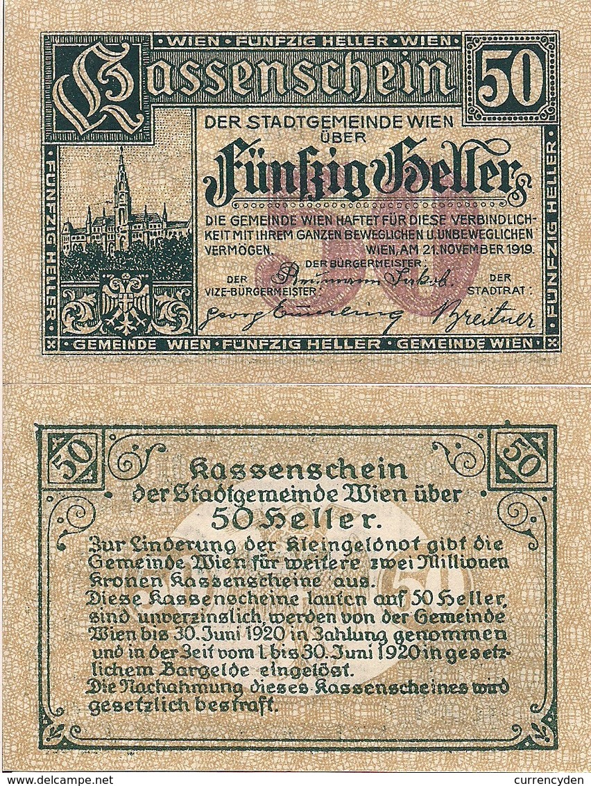 Austria P R59, 50 Heller, 1922, Clock Tower Regional Issue For Vienna, UNC - Austria