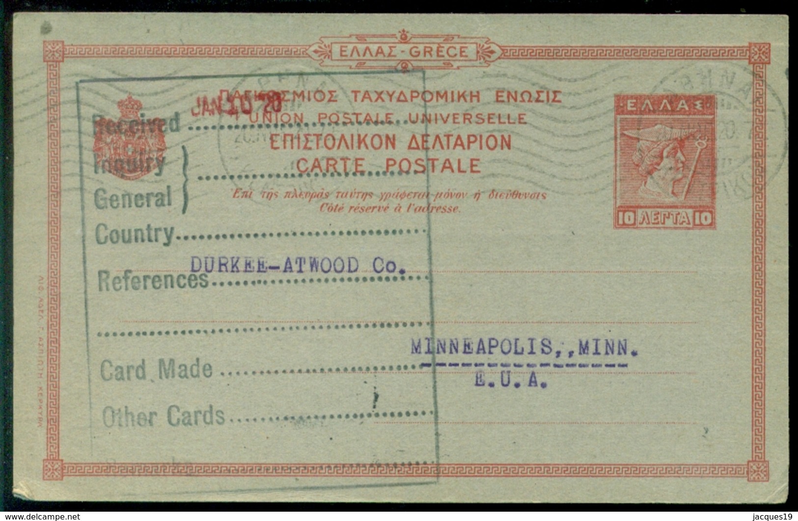 Greece 1920 Stationary Postcard To USA - Enteros Postales