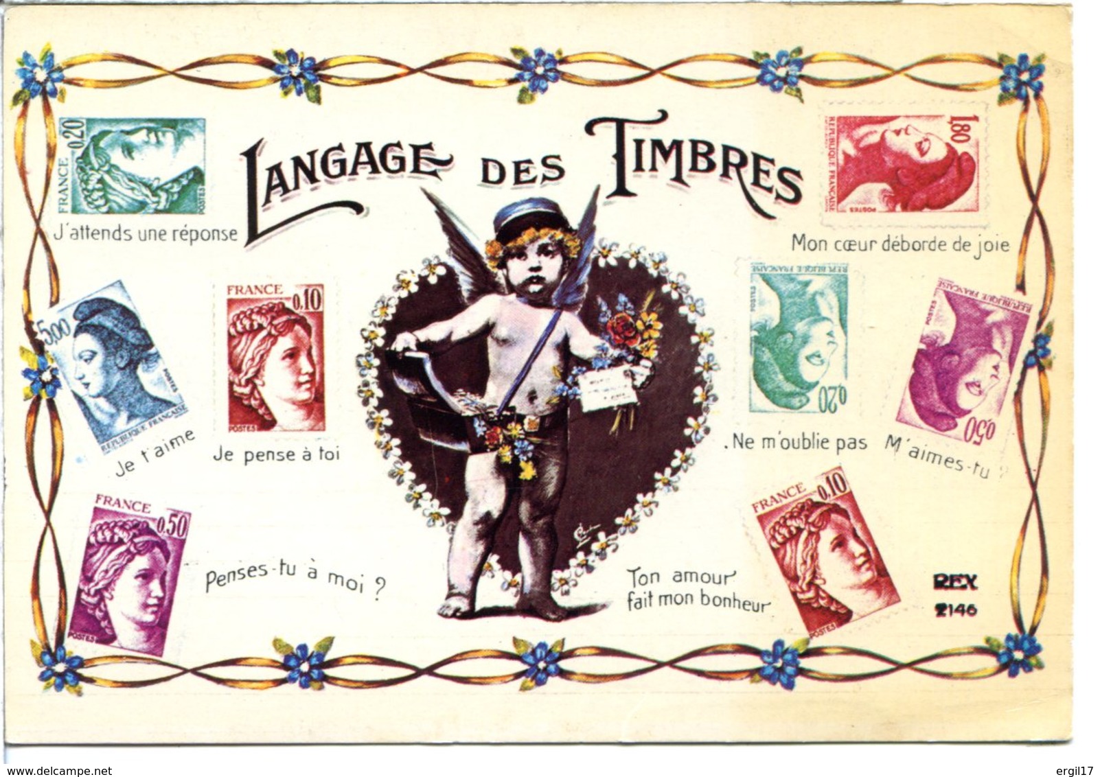 Langage Des Timbres - Angelot Facteur Dans Un Cœur - CPM 10,5x15 Qui N'a Pas Voyagé - Vers 1982 - Postal Services