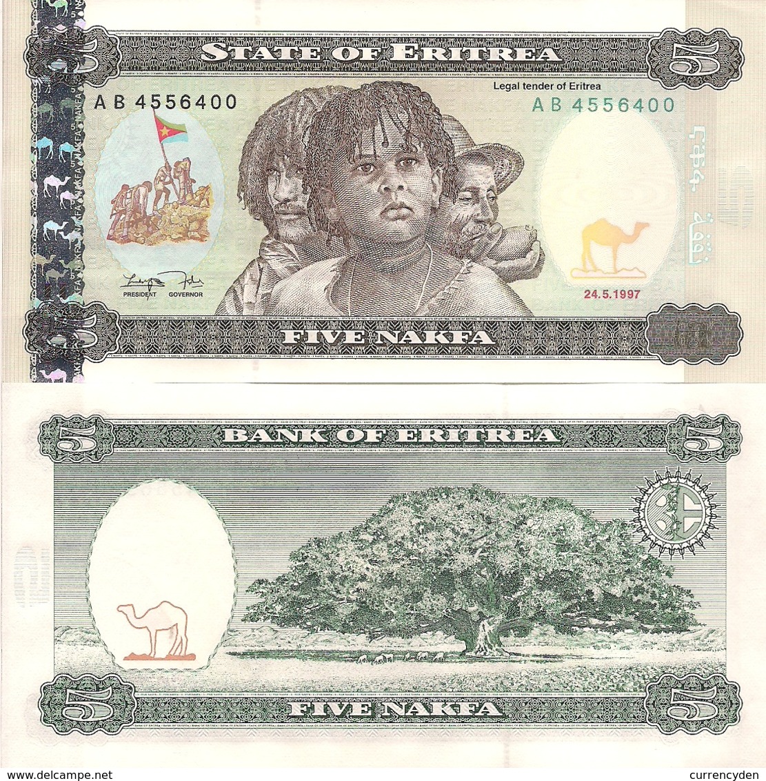 Eritrea P2, 5 Nafka, 1997, Fighters Raising Flag / Jacaranda Tree UNC See UV - Erythrée