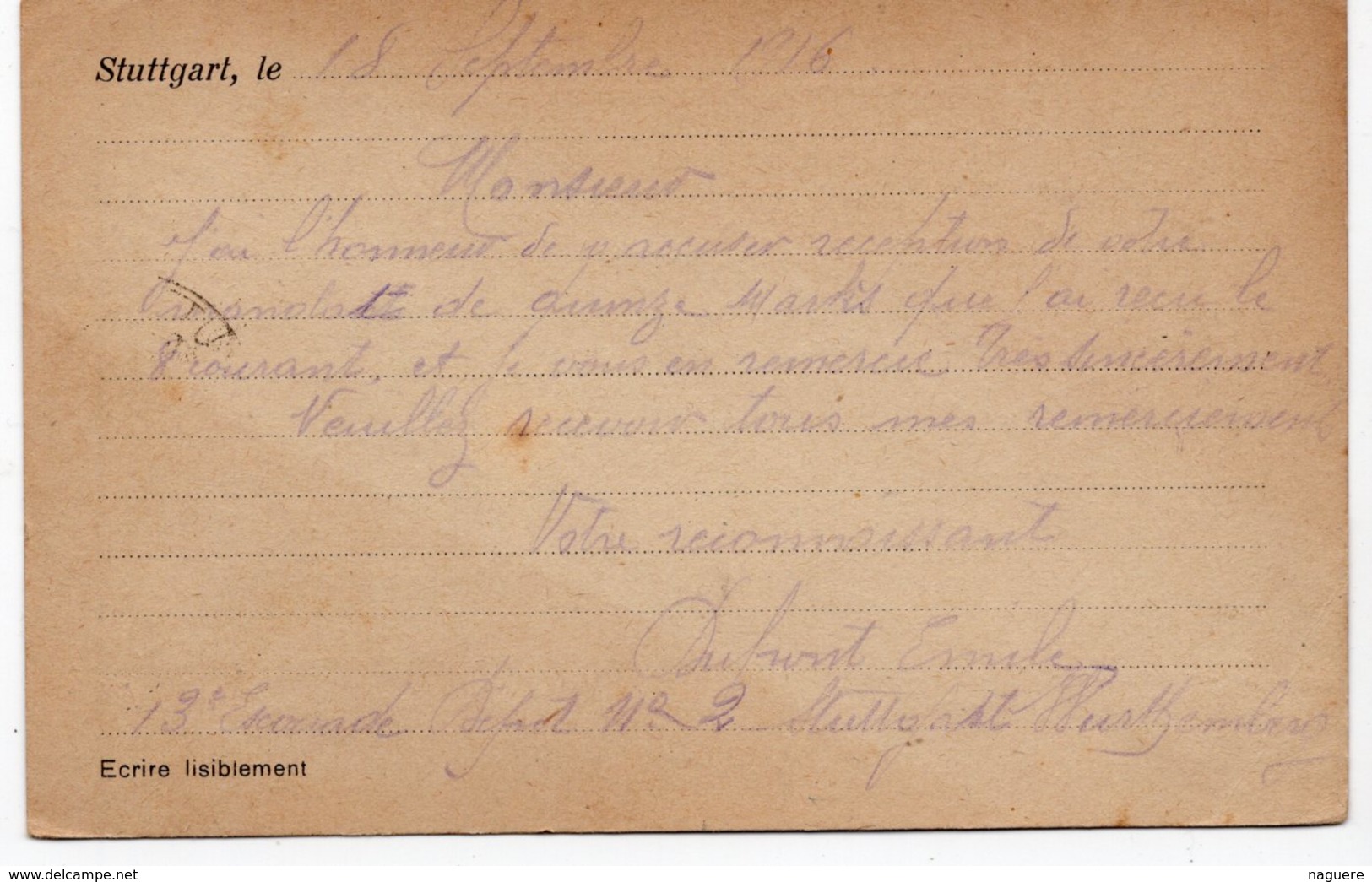 CARTE PRISONNIER DE GUERRE 1914 18 STUTTGART  1916  CACHET  MILITAIRE - Guerre De 1914-18