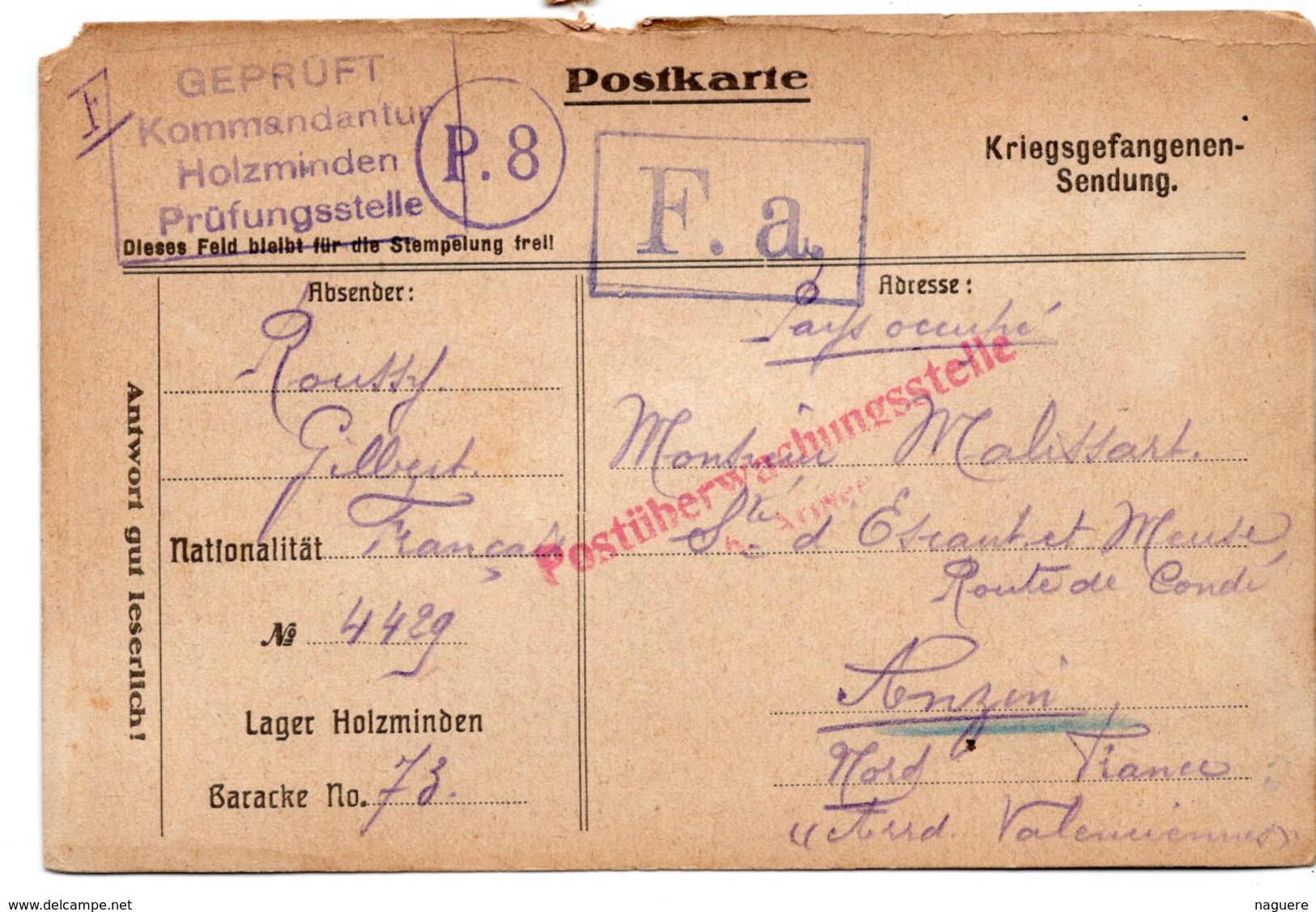 CARTE PRISONNIER DE GUERRE 1914 18  CARTE  1916  CACHET  MILITAIRE ALLEMAND - War 1914-18