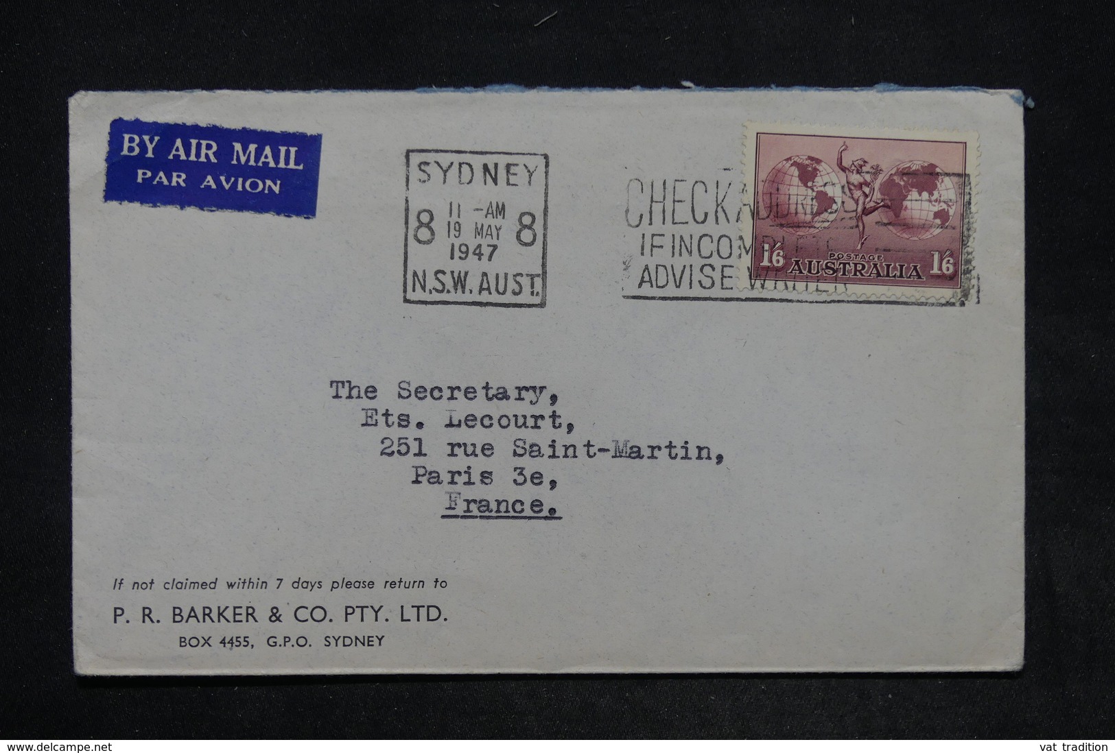 AUSTRALIE - Enveloppe Commerciale De Sydney Pour Paris En 1947 , Affranchissement Plaisant - L 26037 - Brieven En Documenten