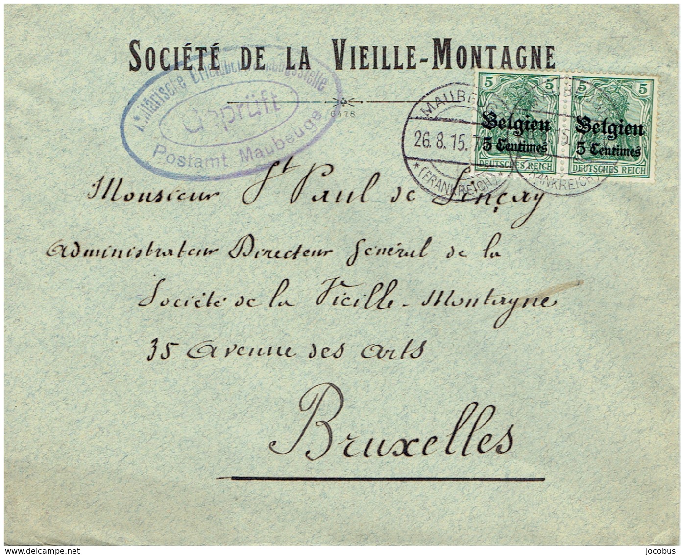 LETTRE De Maubeuge A Bruxelles CENSUREE A MAUBEUGE (FRANCE) AFFRANCHIEavec Timbres BELGES EXCEPTIONNEL UNIQUE!!!!!!!!!!! - OC1/25 Generalgouvernement 