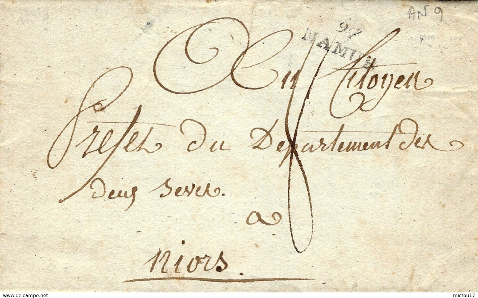 An 9 - Letter From 97 / NAMUR ( La Sambre Et Meuse ) 23 X 10 Mm Noir Taxe 8 D Pour Niort ( Deux Sèvres ) - 1794-1814 (Periodo Frances)