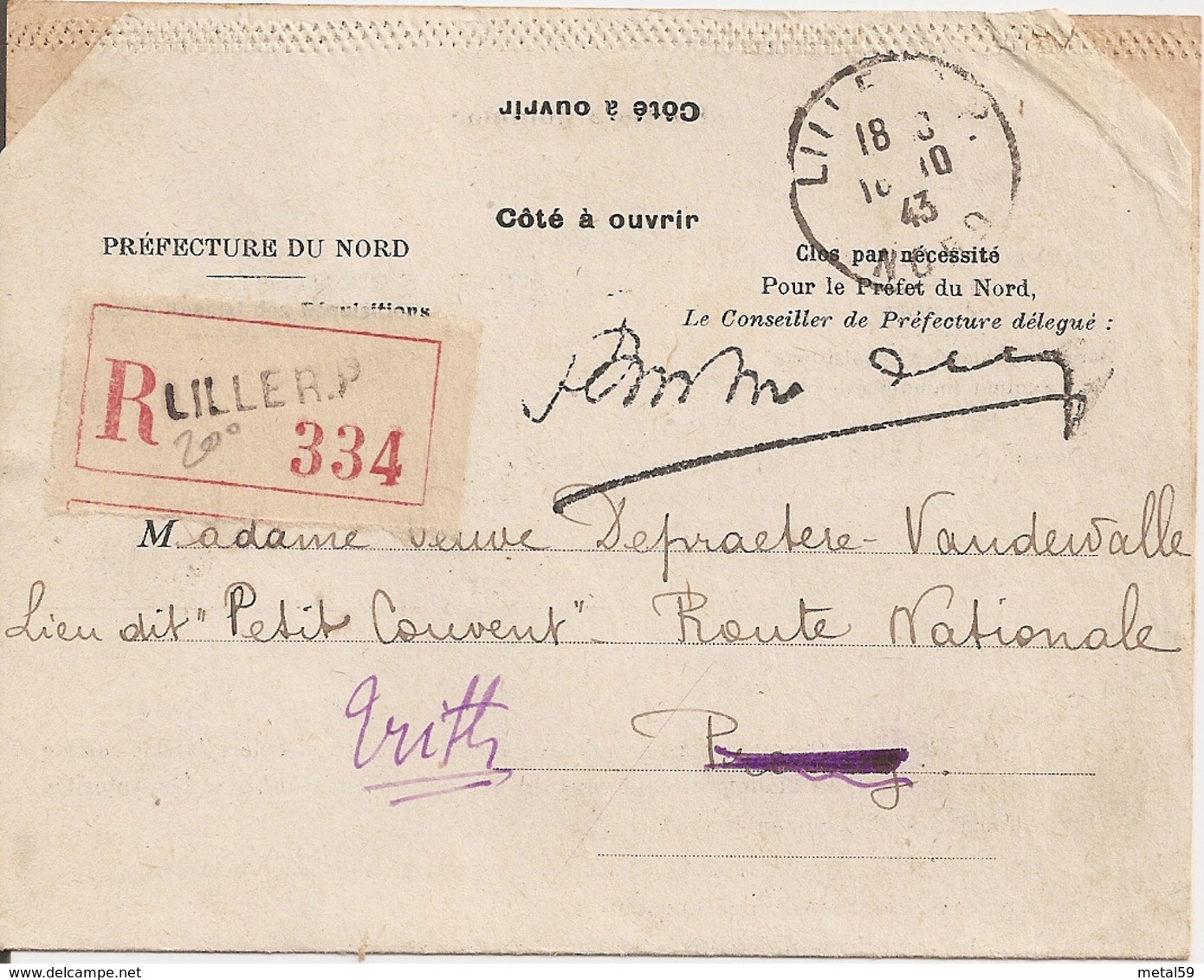 Lettre Recommandée Bureau Des Réquisitions Immobilières Lille Pour Trith Saint Léger, 1943 - 1961-....