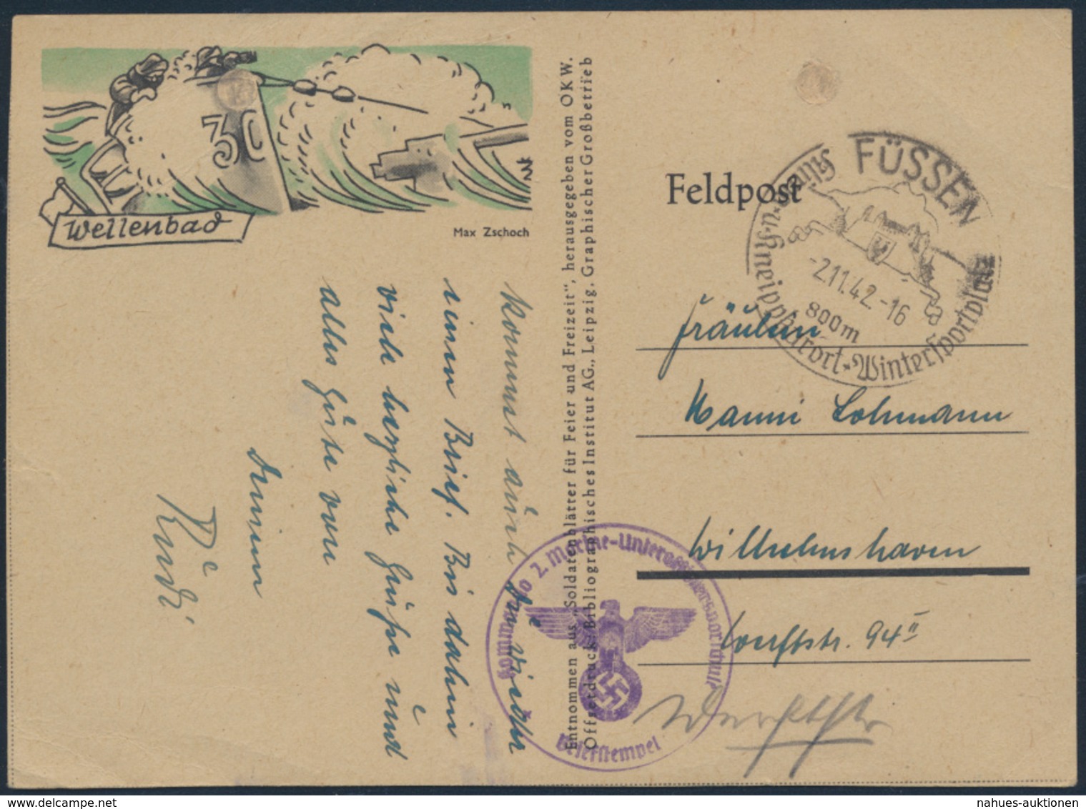 Deutsches Reich Brief Feldpost SST Füssen Wilhelmshaven U-Boot Wintersportplatz - Besetzungen 1938-45