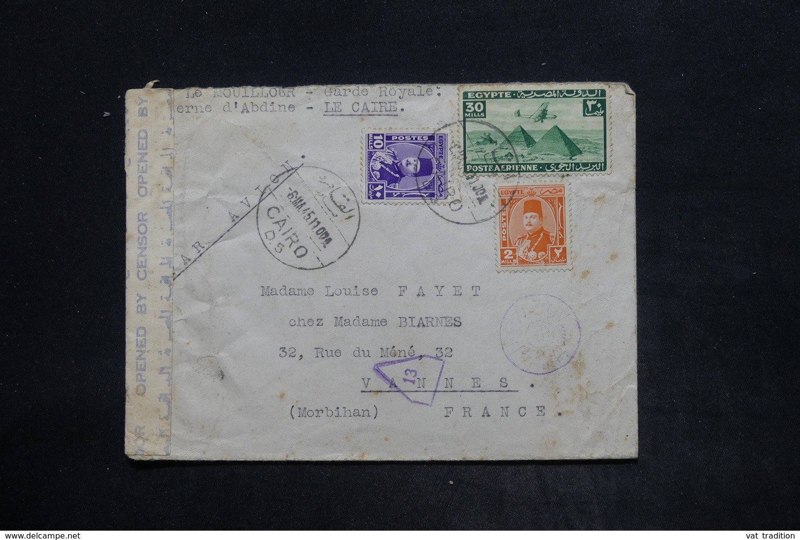 EGYPTE - Affranchissement Plaisant Du Caire Sur Enveloppe Pour La France En 1945 Avec Contrôle Postal - L 26078 - Lettres & Documents