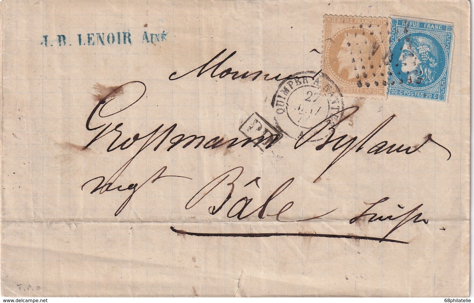 FRANCE 1871 LETTRE DE NANTES POUR BALE  CACHET FERROVIAIRE QUIMPER A NANTES - 1849-1876: Periodo Classico