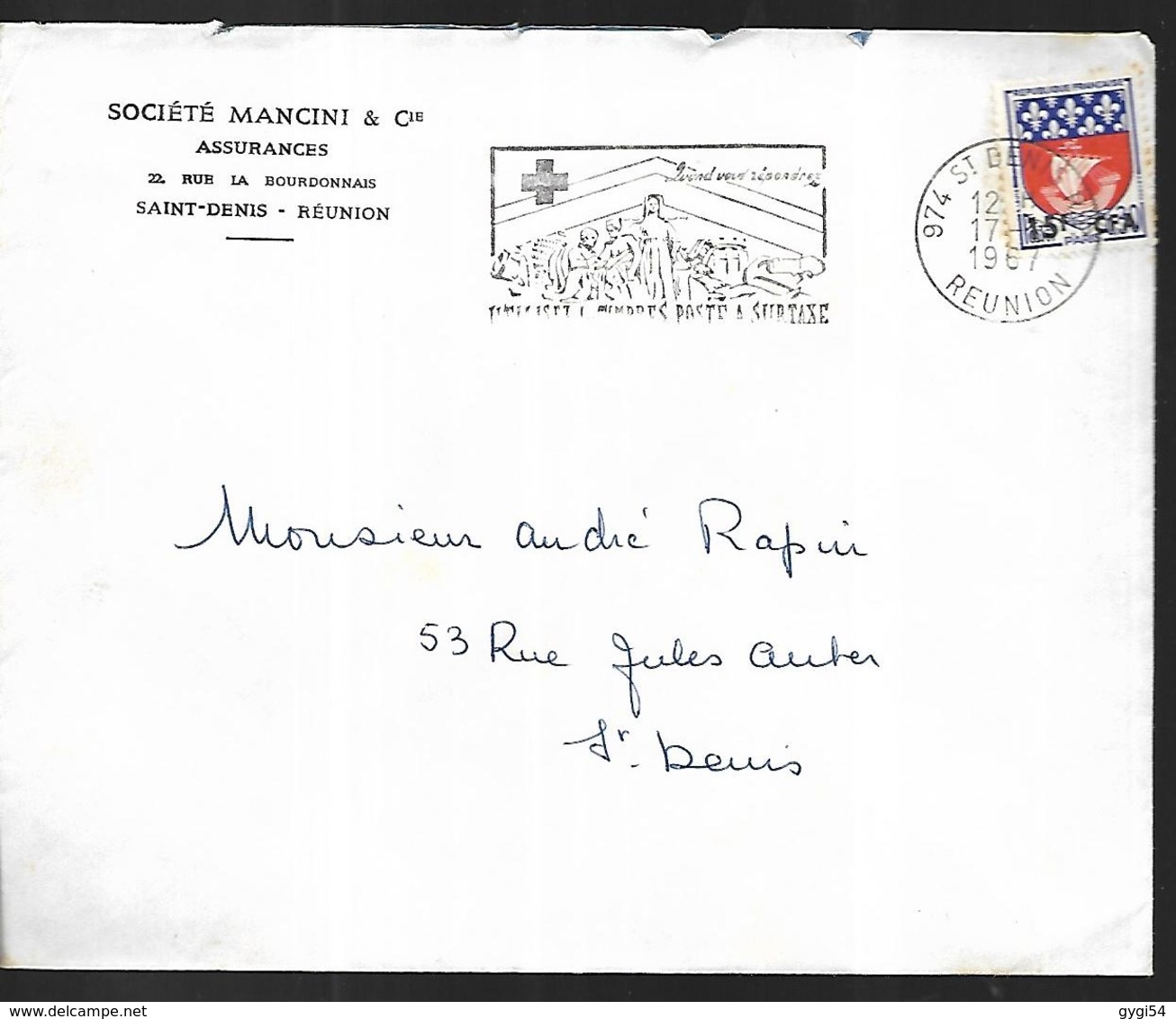 La Réunion Lettre Du 17 08 1967 Flamme Croix Rouge Saint Denis Intérieur - Covers & Documents