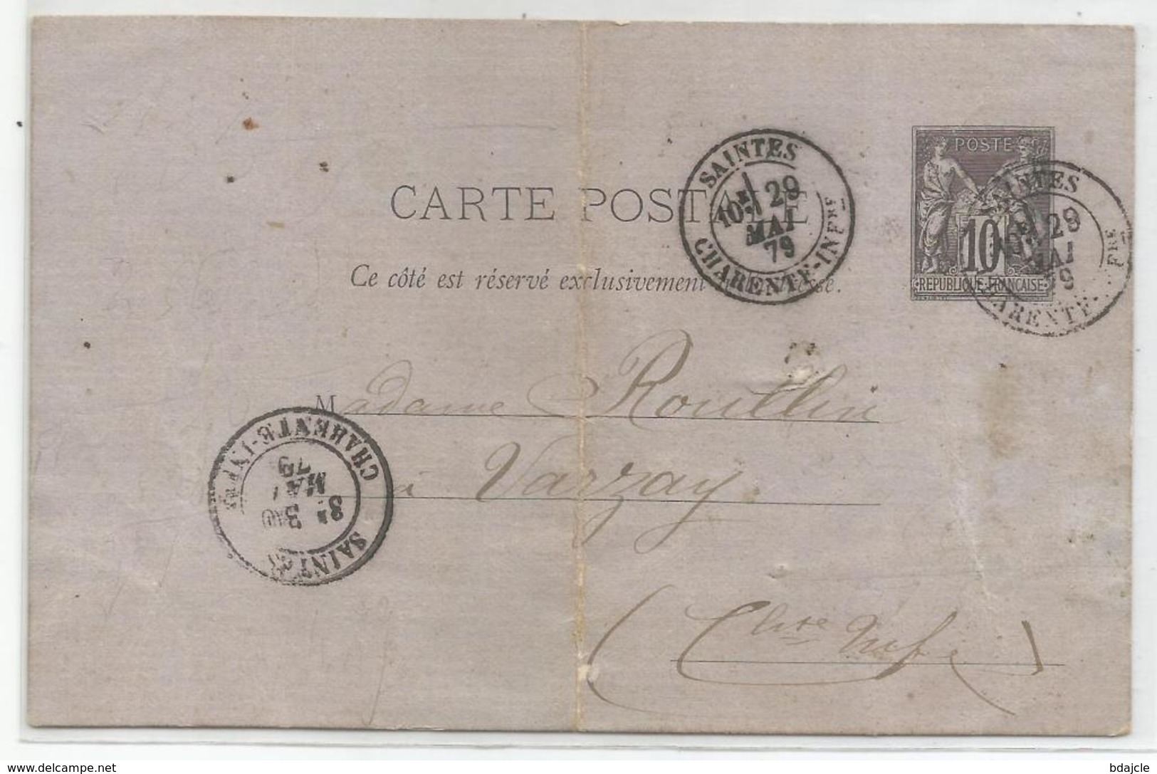 Carte Postale - Entier Type 89-CP3 - Sage 10 Cts - 29 Mai 1879 - Saintes - Cartes Postales Types Et TSC (avant 1995)