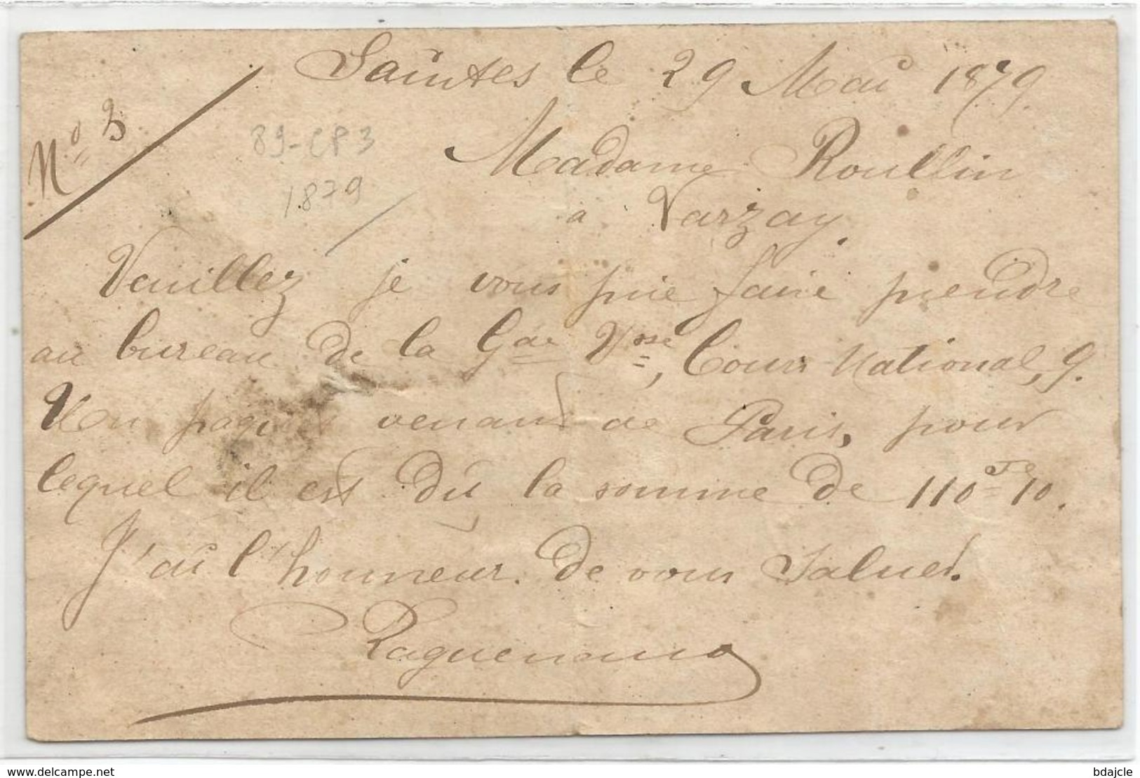 Carte Postale - Entier Type 89-CP3 - Sage 10 Cts - 29 Mai 1879 - Saintes - Cartes Postales Types Et TSC (avant 1995)