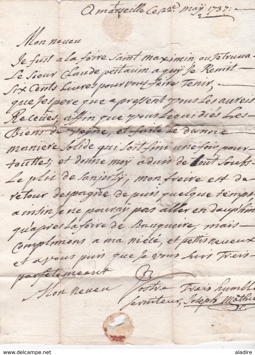 1737 Précurseur 18e Siècle - Marque Postale Manuscrite D'Marseille Sur Lettre Pliée Avec Corresp Vers Gap, Hautes Alpes - 1701-1800: Précurseurs XVIII