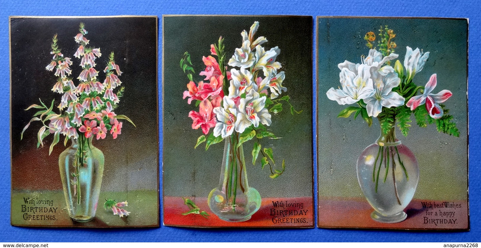 3 CHROMOS LITHOGRAPHIES  .... FORMAT.CARTE POSTALE...FLEURS DANS UN VASE....BIRTHDAY GREETINGS - Autres & Non Classés