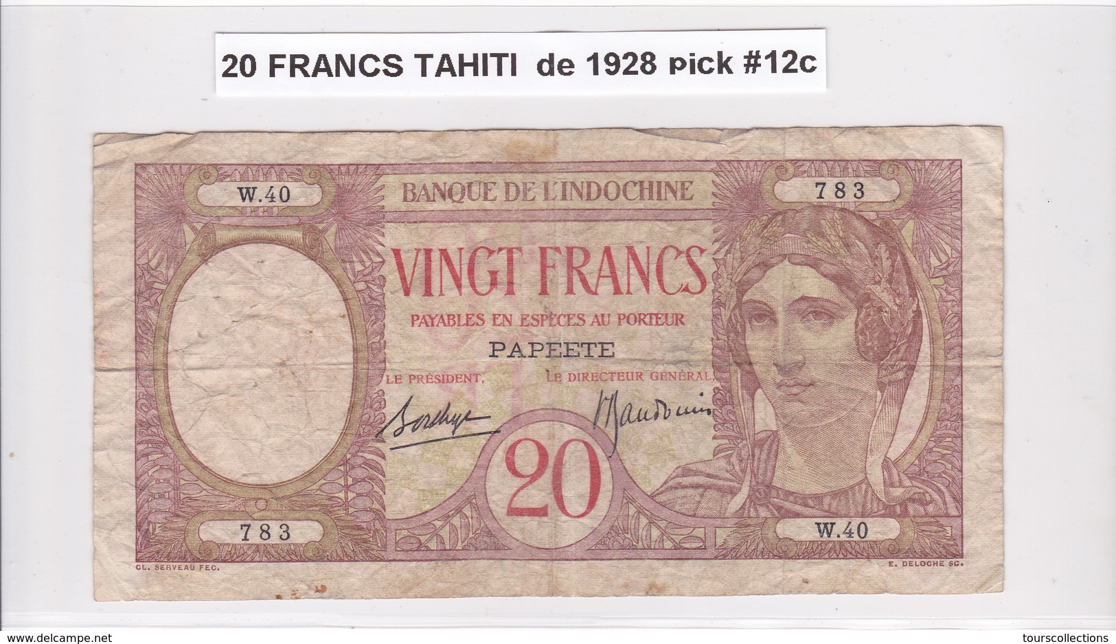 RARE BILLET 20 FRANCS De 1928 De TAHITI Papeete W.40 - Banque De L'indochine Surcharge Polynesie Francaise @ Pick 12c - Papeete (French Polynesia 1914-1985)