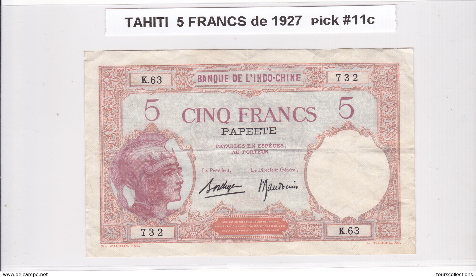 BILLET 5 FRANCS De 1927 De TAHITI Papeete K.63 - Banque De L'indochine Surcharge Polynésie Francaise @ Pick 11c - Papeete (Frans-Polynesië 1914-1985)