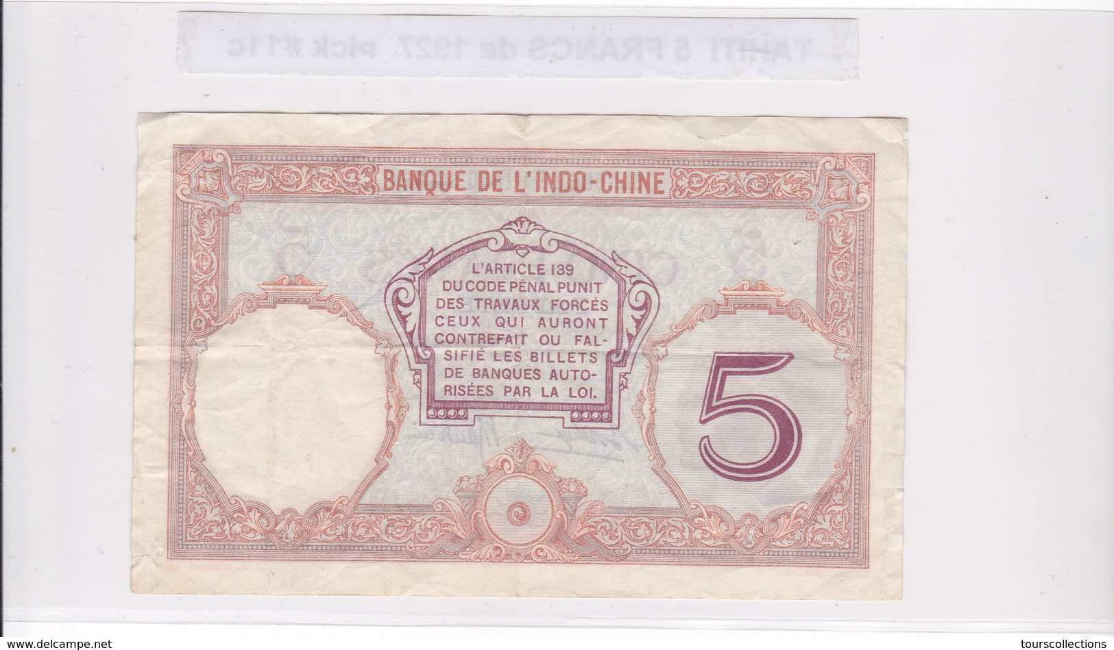 BILLET 5 FRANCS De 1927 De TAHITI Papeete K.63 - Banque De L'indochine Surcharge Polynésie Francaise @ Pick 11c - Papeete (French Polynesia 1914-1985)