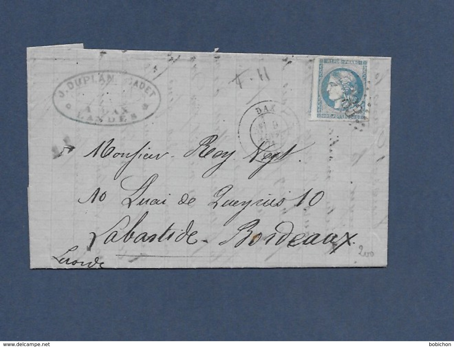 20c Ceres Sur Enveloppe Cachet N° 283  Cachet A Date De DAX - 1870 Emission De Bordeaux