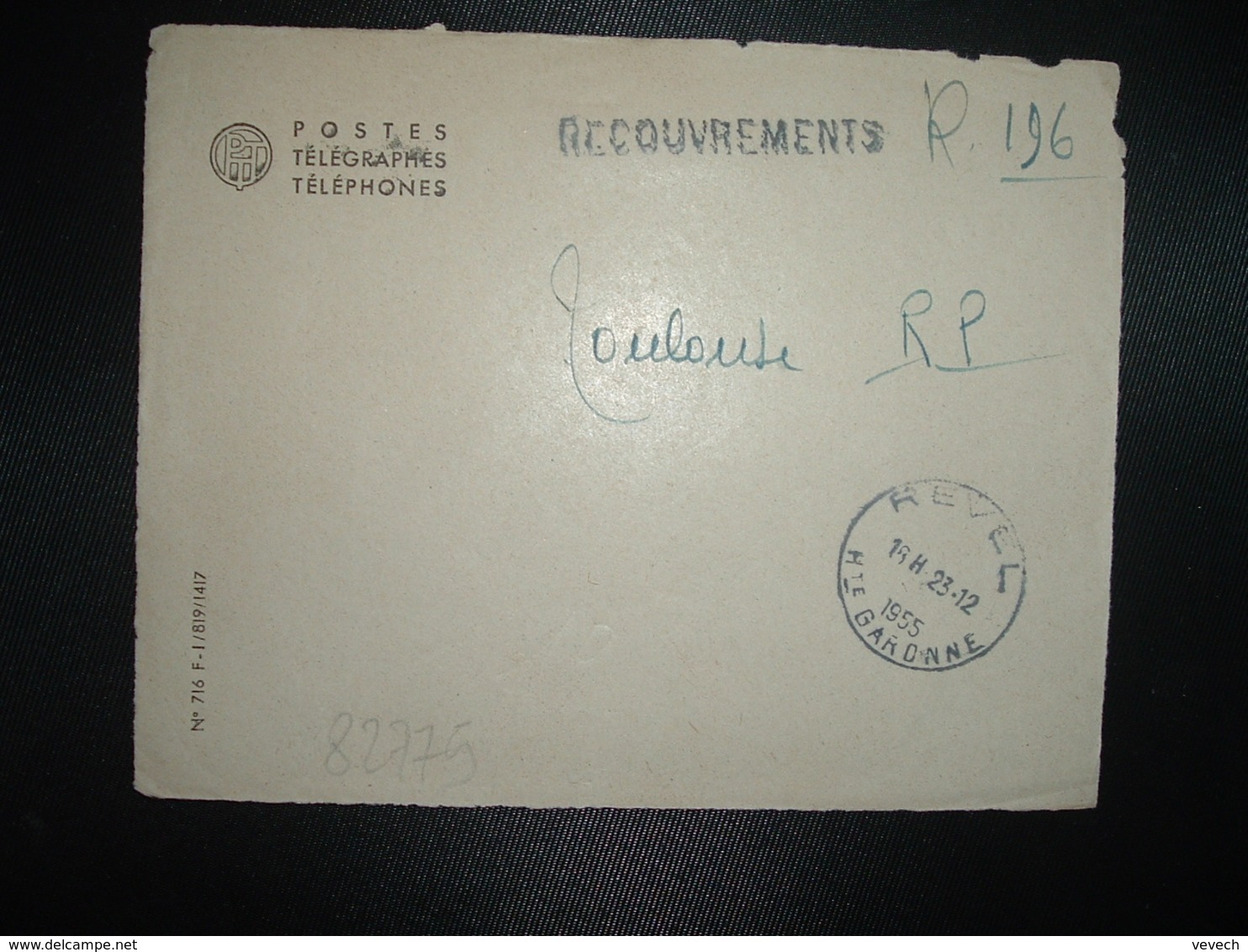 DEVANT PTT OBL. HOROPLAN 23-12 1955 REVEL HTE GARONNE (31) + Griffe Linéaire RECOUVREMENTS - Manual Postmarks