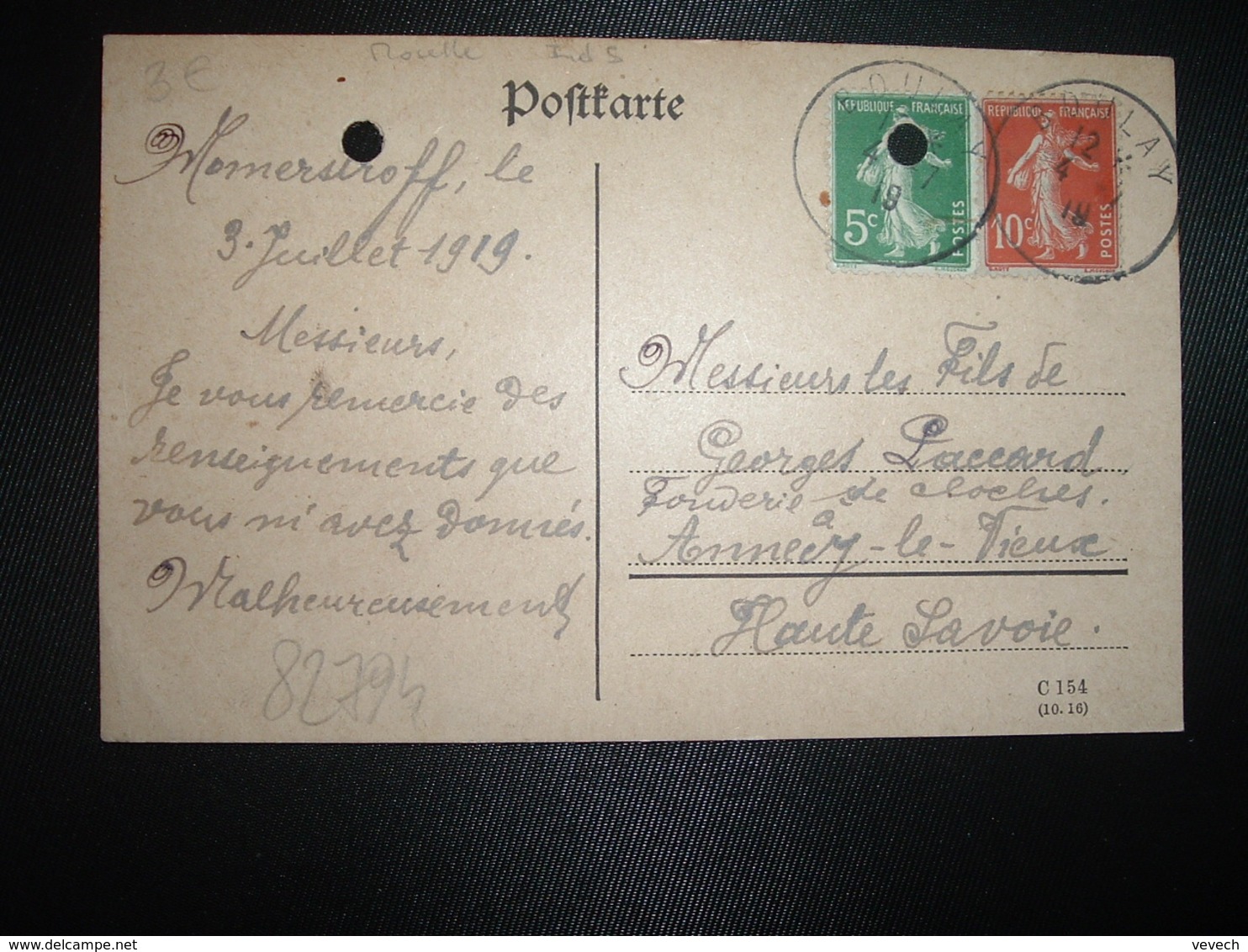 CP TP SEMEUSE 10c + 5C OBL.4-7 19 BOULAY (57 MOSELLE) à PACCARD FONDERIE DE CLOCHES (ANNECY 74) - Cachets Manuels