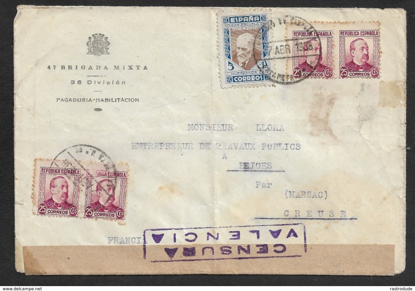 ESPAGNE SPAIN 1938 - Carta 47 BRIGADA MIXTA - CORREO DE CAMPAÑA ESTAFETA 65 - 4 X 25c Ed. 685, A FRANCIA - Covers & Documents