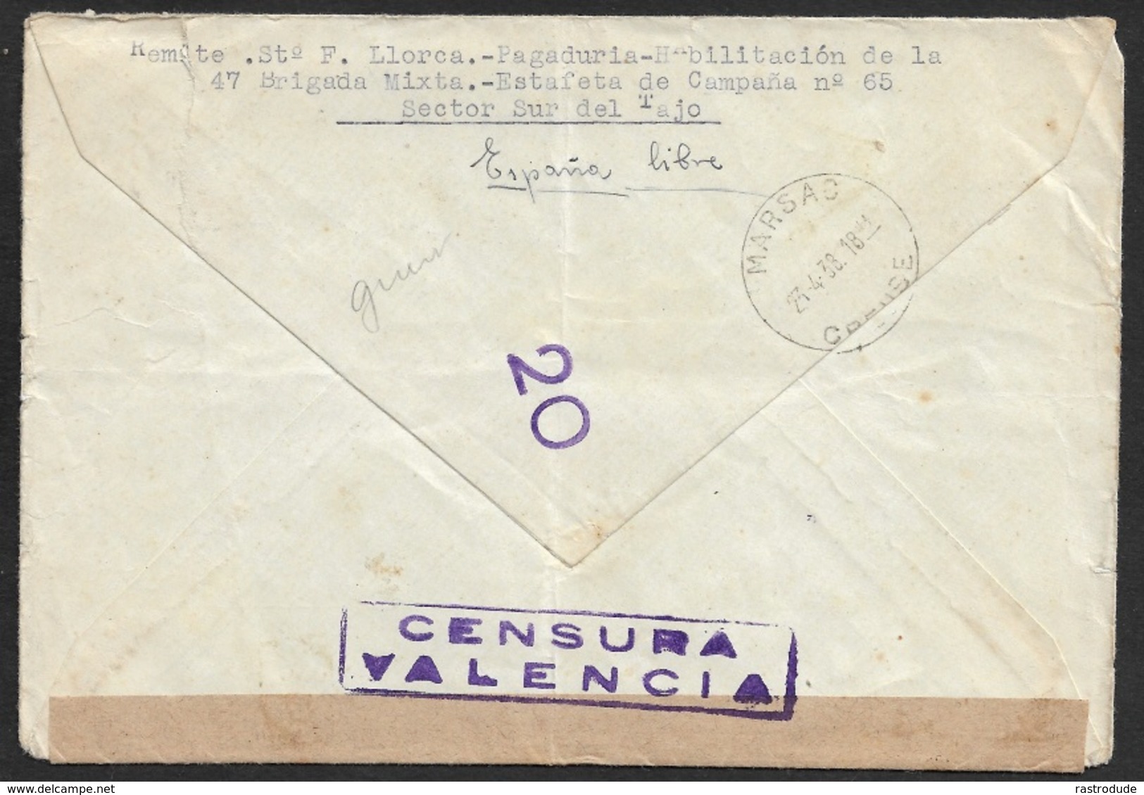 ESPAGNE SPAIN 1938 - Carta 47 BRIGADA MIXTA - CORREO DE CAMPAÑA ESTAFETA 65 - 4 X 25c Ed. 685, A FRANCIA - Covers & Documents