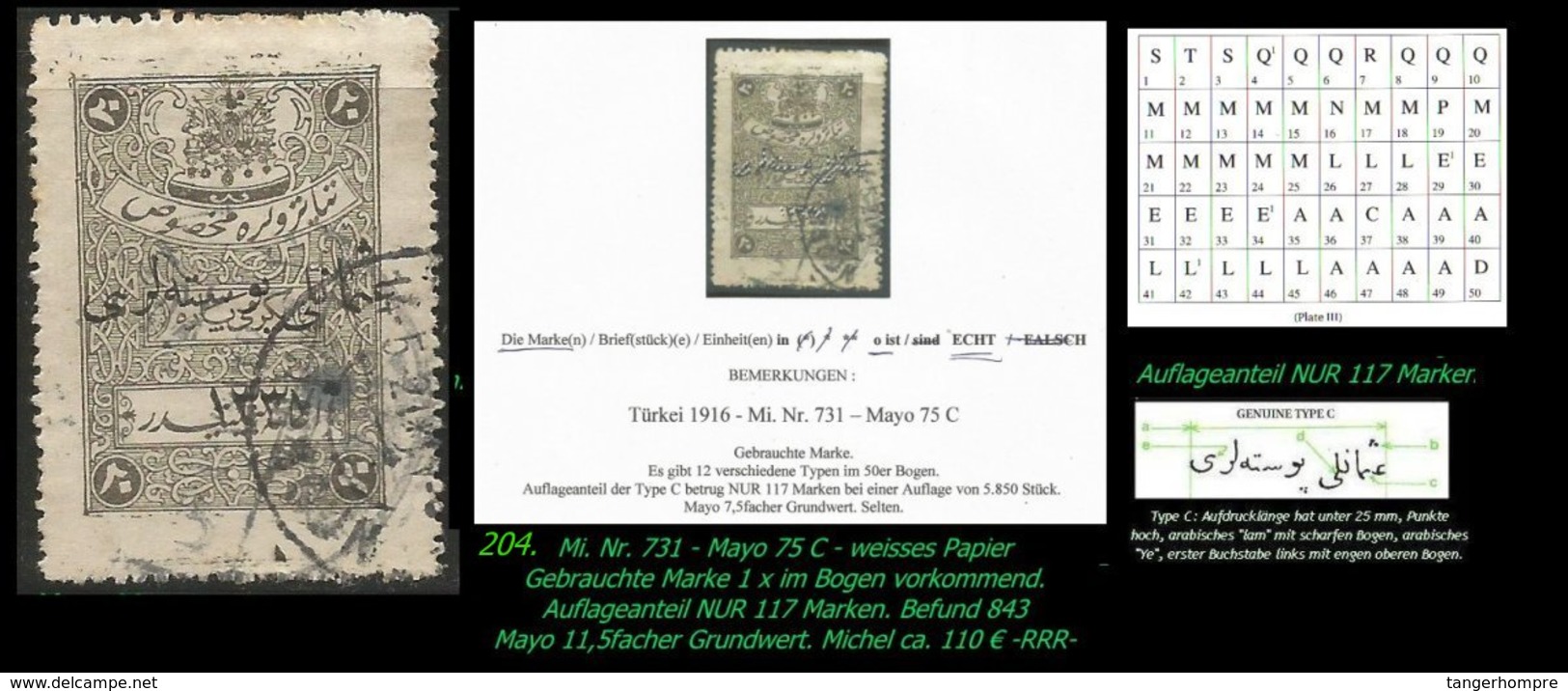 EARLY OTTOMAN SPECIALIZED FOR SPECIALIST, SEE...Mi. Nr. 731 - Mayo 75 C - Auflagenanteil NUR 117 Stück -RRR- - 1920-21 Kleinasien