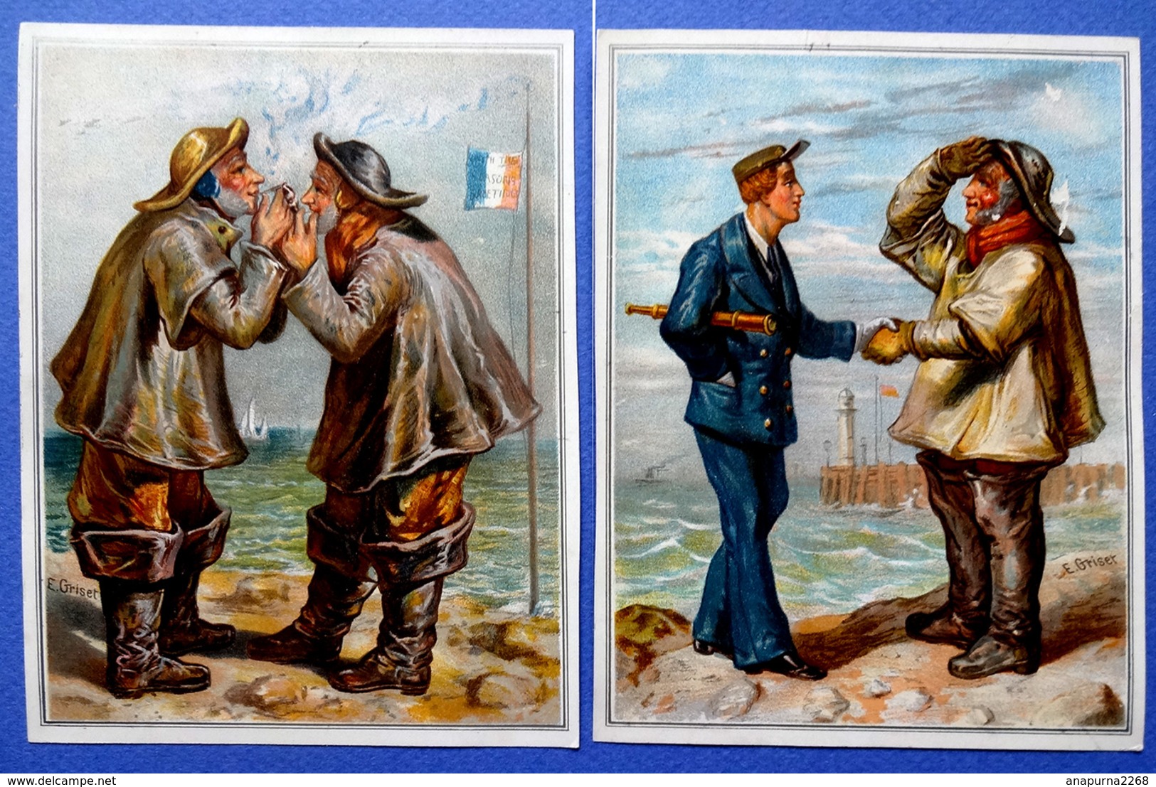 2 CHROMOS LITHOGRAPHIES  ....FORMAT CARTE POSTALE......MARINS ...MATELOT......MER.....ILLUSTRATEUR E. GRISET - Autres & Non Classés