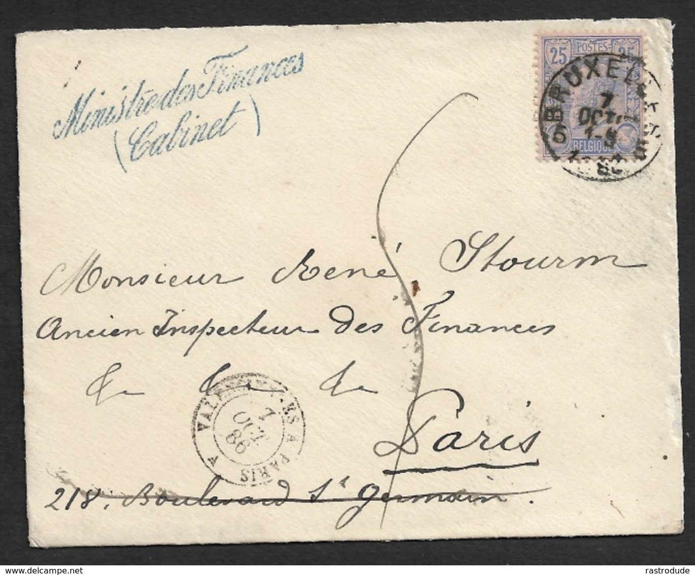 BELGIQUE - 1886 Lettre En Franchise - MINISTRE DES FINANCES CABINET A PARIS . TB - Franchigia